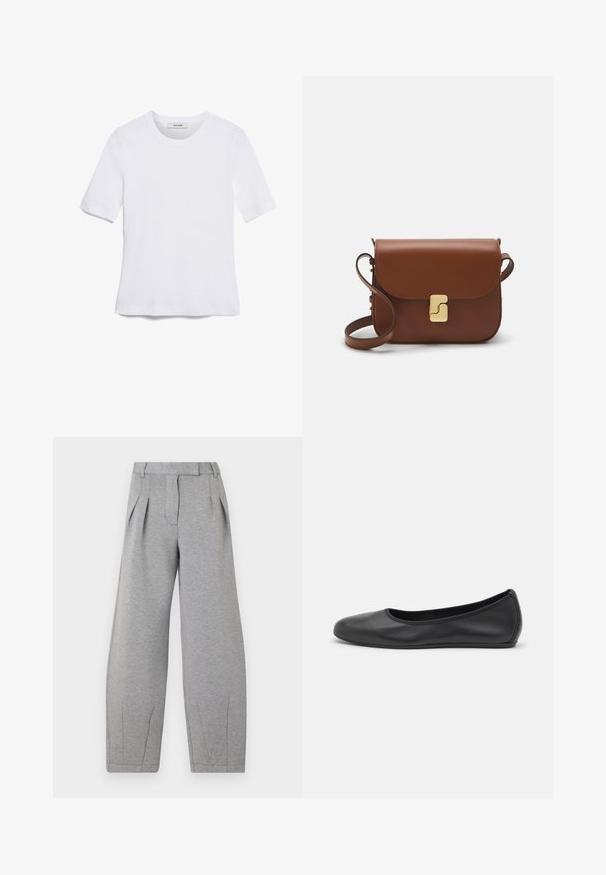 Witte korte mouwen t-shirt van ribstof. Ronde halslijn, normale pasvorm en subtiele stiksels. Geen patronen of grafische elementen.; Grijze, wijde broek van zacht materiaal, met plooien aan de voorkant, een platte tailleband en rechte naden langs de benen.; Zwarte leren ballerina met een ronde neus, gladde textuur, minimale stikdetails en een flexibele zoolontwerp.; Bruine leren handtas met een klep sluiting, gouden hardware, een schouderband en een gladde textuur. Compact rechthoekige vorm.