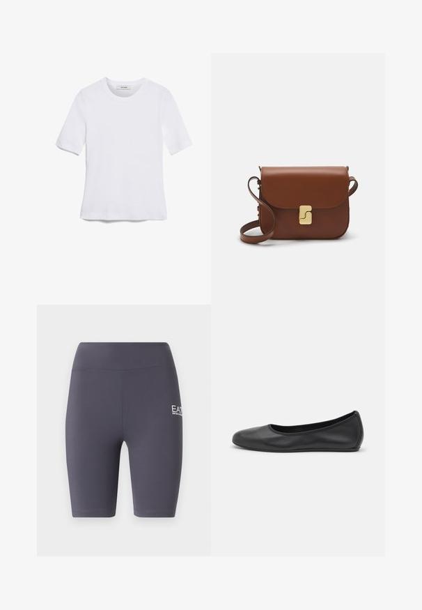 Fehér, rövid ujjú póló ribbed anyagból. Kerek nyakkivágás, normál szabás és diszkrét varrási részletek. Nincsenek minták vagy grafikák.; Sötét szürke bermuda nadrág sima, rugalmas anyagból. Oldalt fehér logóval és testhezálló kialakítással, a comb közepéig ér.; Fekete bőr balettcipő lekerekített orral, sima tekstúrával, minimális varrással és rugalmas talp kialakítással.; Barna bőr kézitáska, hajtókás zárással, arany színű fém kiegészítőkkel, vállpánttal és sima felülettel. Kompakt téglalap alakú.