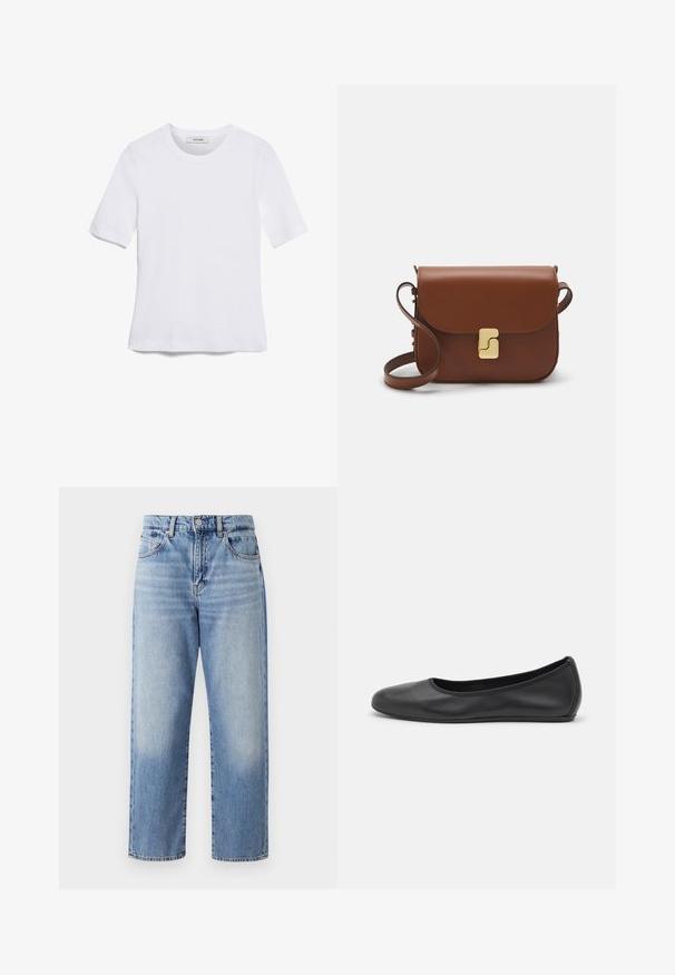Bílá tričko s krátkým rukávem vyrobené z žebrované tkaniny. Kulatý výstřih, normální střih a jemné detaily šití. Bez vzorů nebo grafik.; Světle modré džíny s vysokým pasem, širokými nohavicemi, viditelným švem a pěti kapsami, s klasickým zapínáním na knoflík a zip.; Černé kožené baletní byty s kulatou špičkou, hladkou texturou, minimálními švy a flexibilním designem podrážky.; Hnědá kožená kabelka s klopou, zlatými kovovými detaily, ramenním popruhem a hladkým povrchem. Kompaktní obdélníkový tvar.