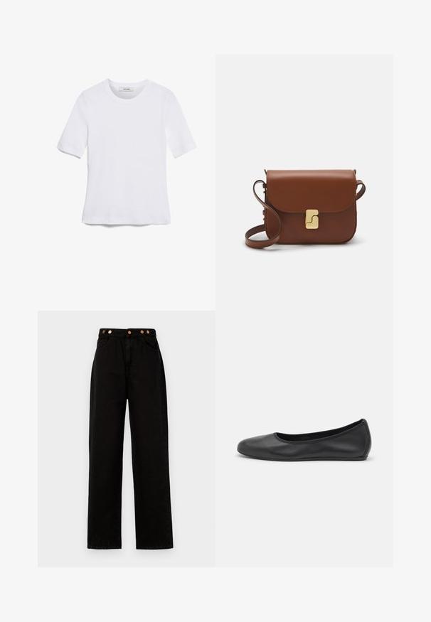Bílá tričko s krátkým rukávem vyrobené z žebrované tkaniny. Kulatý výstřih, normální střih a jemné detaily šití. Bez vzorů nebo grafik.; Černé džíny širokého střihu s měděnými knoflíkovými detaily, dvěma předními kapsami a vysokým pasem. Hladká textura a rovný střih.; Černé kožené baletní byty s kulatou špičkou, hladkou texturou, minimálními švy a flexibilním designem podrážky.; Hnědá kožená kabelka s klopou, zlatými kovovými detaily, ramenním popruhem a hladkým povrchem. Kompaktní obdélníkový tvar.
