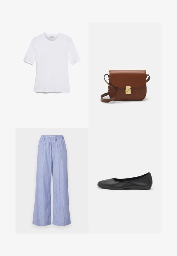 Άσπρο κοντομάνικο μπλουζάκι φτιαγμένο από ριγέ ύφασμα. Στρογγυλή λαιμόκοψη, κανονική εφαρμογή και διακριτές λεπτομέρειες ραφής. Χωρίς σχέδια ή γραφικά.; Ανοιχτό μπλε και άσπρες ριγέ παντελόνες φαρδιάς γραμμής με ελαστική μέση, διαθέτοντας δύο κομφόρ κουμπιά μπροστά και μαλακή υφή υφάσματος.; Μαύρο δερμάτινο μπαλαρίνι με στρογγυλή μύτη, λεία υφή, ελάχιστες λεπτομέρειες ραφής και σχεδίαση ευέλικτης σόλας.; Καφέ δερμάτινη τσάντα χειρός με κλείσιμο καπάκι, χρυσές λεπτομέρειες, ιμάντα ώμου και λεία υφή. Συμπαγές ορθογώνιο σχήμα.