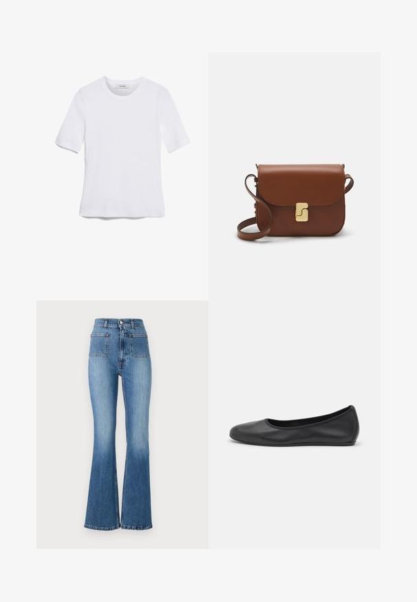 T-shirt bianca a maniche corte realizzata in tessuto a costine. Collo rotondo, vestibilità regolare e dettagli di cucitura sottili. Senza motivi o grafiche.; Jeans in denim blu a zampa di elefante con vita alta, dotati di due tasche posteriori e un effetto lavato. L'orlo è cucito con un design sottile.; Pantofole da balletto nere in pelle con punta arrotondata, texture liscia, dettagli di cucitura minimi e design con suola flessibile.; Borsa a tracolla in pelle marrone con chiusura a pattina, hardware color oro, tracolla e una finitura liscia. Forma rettangolare compatta.