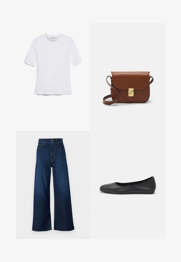 T-shirt de manga curta branca feita de tecido canelado. Decote redondo, ajuste regular e detalhes de costura subtis. Sem padrões ou gráficos.; Calças de ganga azuis de perna larga com uma cintura alta, apresentando costuras laranja, cinco bolsos e um fecho de botão na cintura.; Bailarina preta em pele com bico arredondado, textura suave, detalhe de costura minimalista e design de sola flexível.; Bolsa de couro castanho com fecho de aba, decoração em tom dourado, alça de ombro e textura suave. Formato retangular compacto.