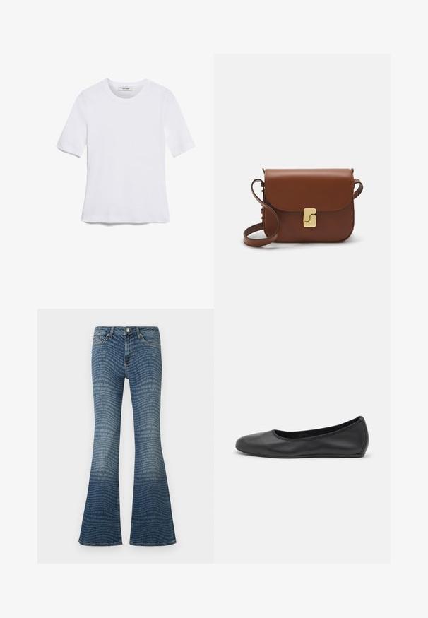 Valkoinen lyhythihainen t-paita, joka on valmistettu ribbytedusta kankaasta. Pyöreä pääntiie, normaali istuvuus ja hienovaraiset ompeluyksityiskohdat. Ei kuvioita tai grafiikkaa.; Siniset levenevät farkut, joissa on koko pinnan kattava "JOOP! JEANS" -logokuvio ja klassiset viiden taskun yksityiskohdat.; Musta nahkainen ballerina, jossa on pyöristetty kärki, sileä pinta, minimaalinen ommelkoristelu ja joustava pohjamuotoilu.; Ruskea nahkainen käsilaukku, jossa on läppäkiinnitys, kultasävyiset yksityiskohdat, olkahihna ja sileä pinta. Kompaktin suorakaiteen muotoinen.