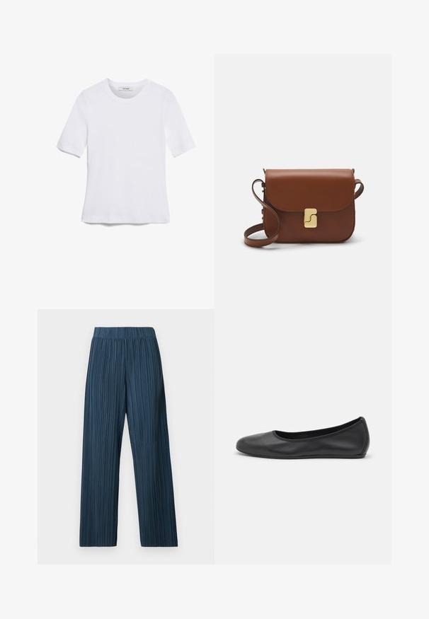 Valge lühikeste varrukatega T-särk ribatud kangast. Ümara kaelusega, tavalisest sobivusest ja peente õmbluse detailidega. Ilma mustrite või graafikateta.; Laiad pleeditud püksid tumesinises värvitoonis. Omavad elastset vöökohta ja püstisi triibu tekstuuri, on valmistatud kergest kangast.; Musthave mustika tantsutossud mustast nahast, ümmarguse varbaga, siledast tekstuurist, minimaalse õmblusdetailiga ja paindliku tallakujundusega.; Pruunist nahast käekott, millel on klapiga sulgur, kuldne riistvara, õlarihm ja sile tekstuur. Kompaktne ristkülikukujuline vorm.