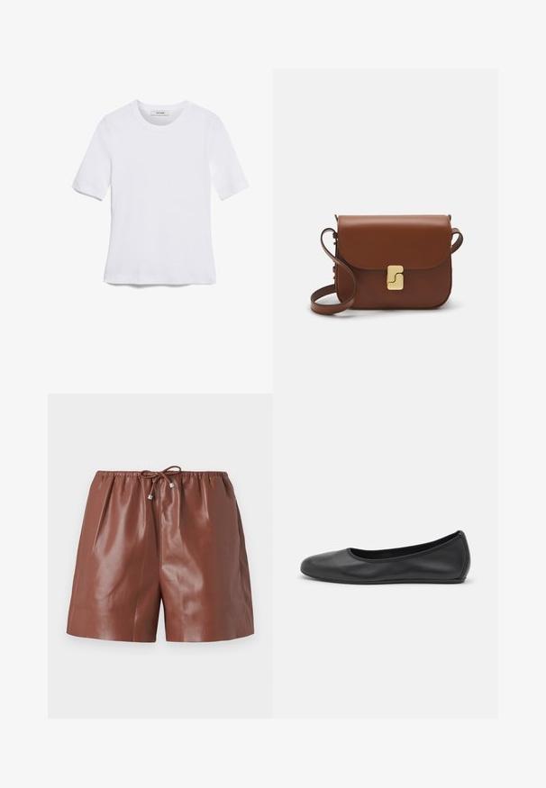 Valkoinen lyhythihainen t-paita, joka on valmistettu ribbytedusta kankaasta. Pyöreä pääntiie, normaali istuvuus ja hienovaraiset ompeluyksityiskohdat. Ei kuvioita tai grafiikkaa.; Ruskeat nahkashortsit kiiltävällä pinnalla, joissa on joustava vyötärö ja säädettävä solmu metallikoristeilla. Tasainen tekstuuri ja muotoiltu malli.; Musta nahkainen ballerina, jossa on pyöristetty kärki, sileä pinta, minimaalinen ommelkoristelu ja joustava pohjamuotoilu.; Ruskea nahkainen käsilaukku, jossa on läppäkiinnitys, kultasävyiset yksityiskohdat, olkahihna ja sileä pinta. Kompaktin suorakaiteen muotoinen.