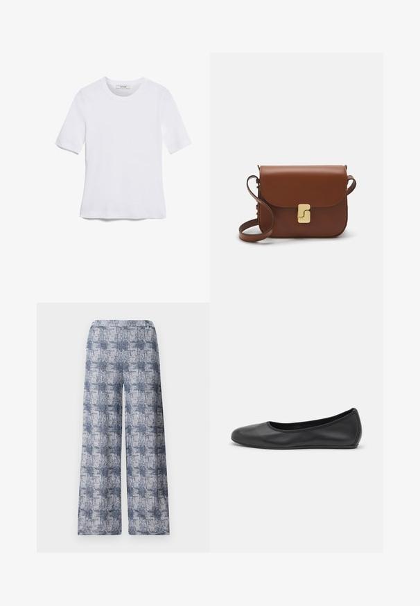 Bela kratka majica s kratkimi rokavi iz rebrastega materiala. Okrogla ovratnica, običajen kroj in subtilni šivi. Brez vzorcev ali grafik.; Široke hlače z modro in belo abstraktno zasnovo, ki se ponašajo s prijetno teksturo in elastičnim pasom za udobje in enostavno oblačenje.; Črne usnjene balerinke z zaobljenim nosom, gladko teksturo, minimalnimi šivi in fleksibilno zasnovo podplata.; Rjava usnjena torbica s poklopcem, zlato obarvani okovi, naramnica in gladka tekstura. Kompaktna pravokotna oblika.
