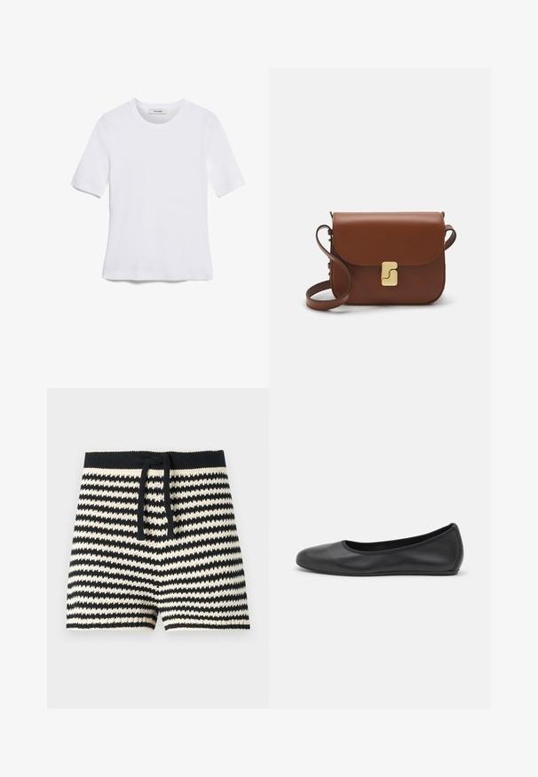 Balta trumpa rankovėmis marškinėliai, pagaminti iš pasiruošusio audinio. Apvali iškirptė, reguliari tinkamumas ir subtilūs siuvimo detalės. Be raštų ar grafikos.; CLOSED Šortai - black; Juodai odiniai baletai su apvaliu pirštu, lygi texture, minimalus siuvimo detales ir lanksčiu padų dizainu.; Ruda odinė rankinė su uždaromu dangteliu, aukso spalvos detalėmis, petneša ir lygiu paviršiumi. Kompaktiška stačiakampio formos.