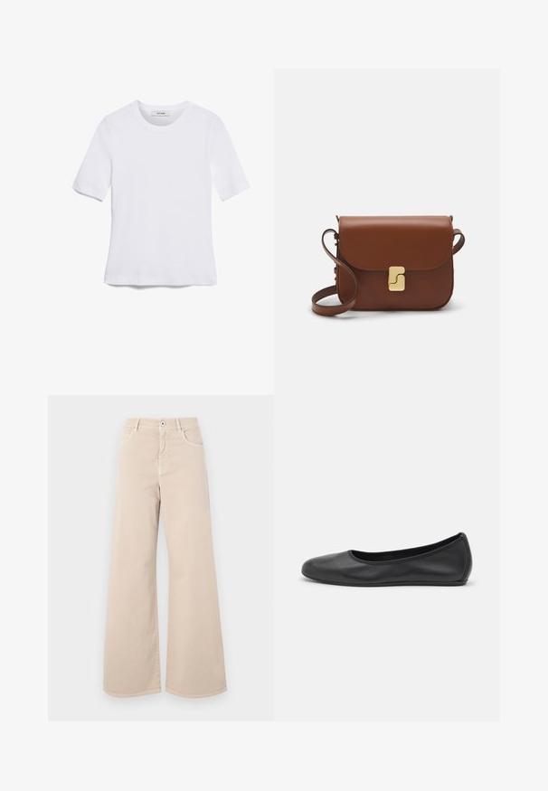 Άσπρο κοντομάνικο μπλουζάκι φτιαγμένο από ριγέ ύφασμα. Στρογγυλή λαιμόκοψη, κανονική εφαρμογή και διακριτές λεπτομέρειες ραφής. Χωρίς σχέδια ή γραφικά.; Μπεζ παντελόνι φαρδύς πόδας από βαμβάκι, με κλασική μέση, μπροστινές τσέπες και ευθεία γραμμή στο τελείωμα. Λείο υφή και ελάχιστες λεπτομέρειες.; Μαύρο δερμάτινο μπαλαρίνι με στρογγυλή μύτη, λεία υφή, ελάχιστες λεπτομέρειες ραφής και σχεδίαση ευέλικτης σόλας.; Καφέ δερμάτινη τσάντα χειρός με κλείσιμο καπάκι, χρυσές λεπτομέρειες, ιμάντα ώμου και λεία υφή. Συμπαγές ορθογώνιο σχήμα.