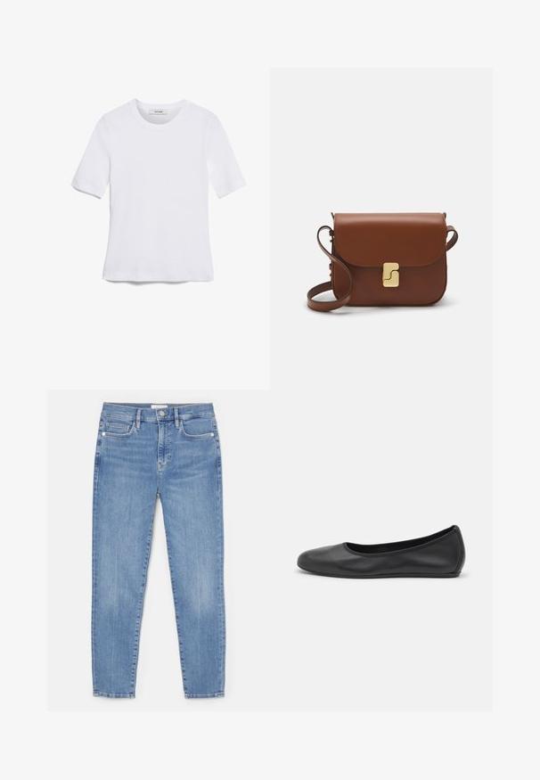 Tricou alb cu mânecă scurtă, confectionat dintr-un material texturat. Gât rotund, tăietură regulară și detalii subtile de cusătură. Fără modele sau grafice.; Blugi din denim de culoare albastră deschisă, cu un design ajustat, cinci buzunare, închidere cu buton în față și cusături vizibile pe margini.; Balerini din piele neagră, cu vârf rotund, textură netedă, detalii de cusătură minimale și un design al tălpii flexibil.; Geantă de piele maro cu închidere tip capac, accesorii de culoare aurie, curea de umăr și o textură netedă. Formă compactă și rectangulară.