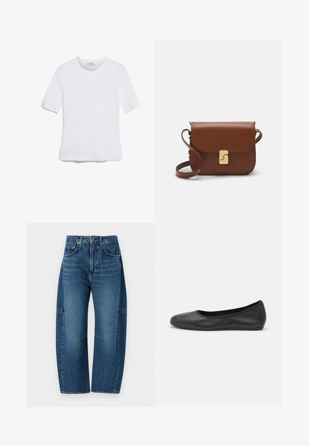 White short-sleeve t-shirt made of ribbed fabric. Round neckline, regular fit, and subtle stitching details. No patterns or graphics.; rag & bone CHARLIE BARREL JEAN - Wide Leg - dark blue denim; Black leather ballet flat with a rounded toe, smooth texture, minimal stitching detail, and a flexible sole design.; Brown leather handbag with a flap closure, gold-tone hardware, a shoulder strap, and a smooth texture. Compact rectangular shape.