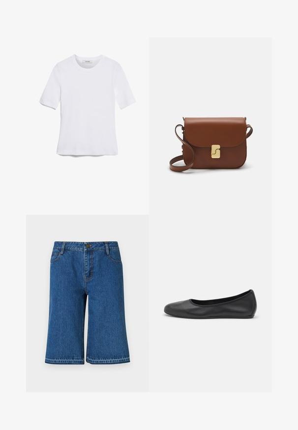 Balta trumpa rankovėmis marškinėliai, pagaminti iš pasiruošusio audinio. Apvali iškirptė, reguliari tinkamumas ir subtilūs siuvimo detalės. Be raštų ar grafikos.; Mėlyni džinsiniai šortai su tiesiu kirpimu, turintys diržą, penkių kišenių ir subtilius siuvimo akcentus siūlėse.; Juodai odiniai baletai su apvaliu pirštu, lygi texture, minimalus siuvimo detales ir lanksčiu padų dizainu.; Ruda odinė rankinė su uždaromu dangteliu, aukso spalvos detalėmis, petneša ir lygiu paviršiumi. Kompaktiška stačiakampio formos.