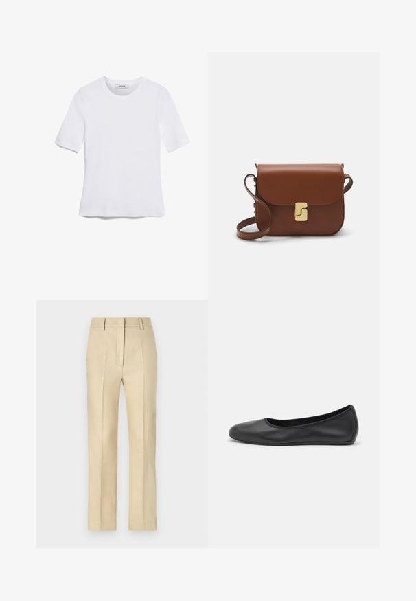 Balta trumpa rankovėmis marškinėliai, pagaminti iš pasiruošusio audinio. Apvali iškirptė, reguliari tinkamumas ir subtilūs siuvimo detalės. Be raštų ar grafikos.; Šviesiai rudos spalvos pritaikytos kelnes su tiesiomis kojomis, pagamintos iš tekstūruotos medžiagos, su klostėmis ir užtrauktuku priekyje.; Juodai odiniai baletai su apvaliu pirštu, lygi texture, minimalus siuvimo detales ir lanksčiu padų dizainu.; Ruda odinė rankinė su uždaromu dangteliu, aukso spalvos detalėmis, petneša ir lygiu paviršiumi. Kompaktiška stačiakampio formos.