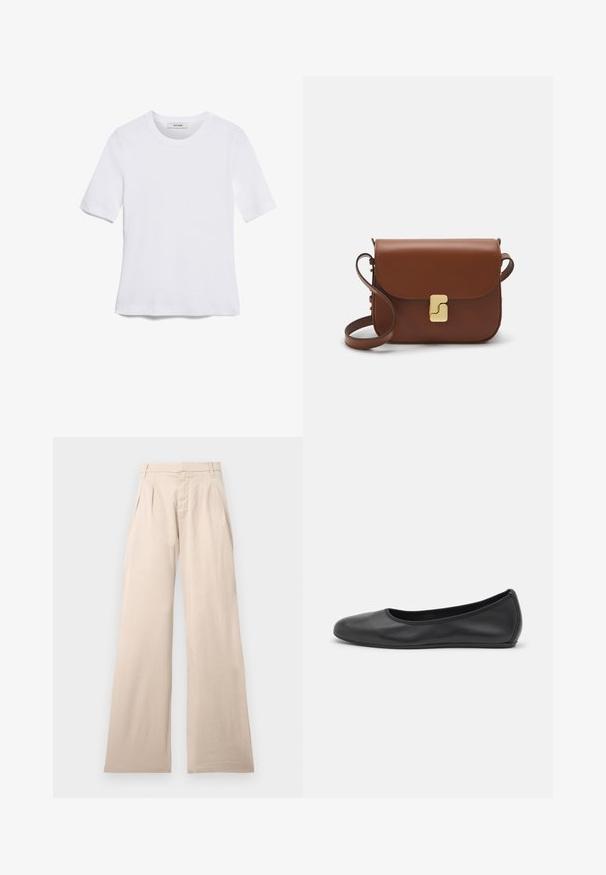 White short-sleeve t-shirt made of ribbed fabric. Round neckline, regular fit, and subtle stitching details. No patterns or graphics.; Beige wide-leg trousers made from cotton, featuring pleats at the front and a smooth texture. The design includes a standard waistband and no visible pattern.; Black leather ballet flat with a rounded toe, smooth texture, minimal stitching detail, and a flexible sole design.; Brown leather handbag with a flap closure, gold-tone hardware, a shoulder strap, and a smooth texture. Compact rectangular shape.
