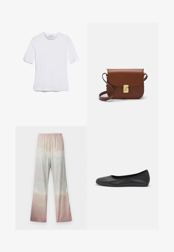 White short-sleeve t-shirt made of ribbed fabric. Round neckline, regular fit, and subtle stitching details. No patterns or graphics.; Wide-leg trousers made of lightweight fabric, featuring a gradient tie-dye pattern in soft pastels: pink, mint, and creamy beige. Elastic waist.; Black leather ballet flat with a rounded toe, smooth texture, minimal stitching detail, and a flexible sole design.; Brown leather handbag with a flap closure, gold-tone hardware, a shoulder strap, and a smooth texture. Compact rectangular shape.