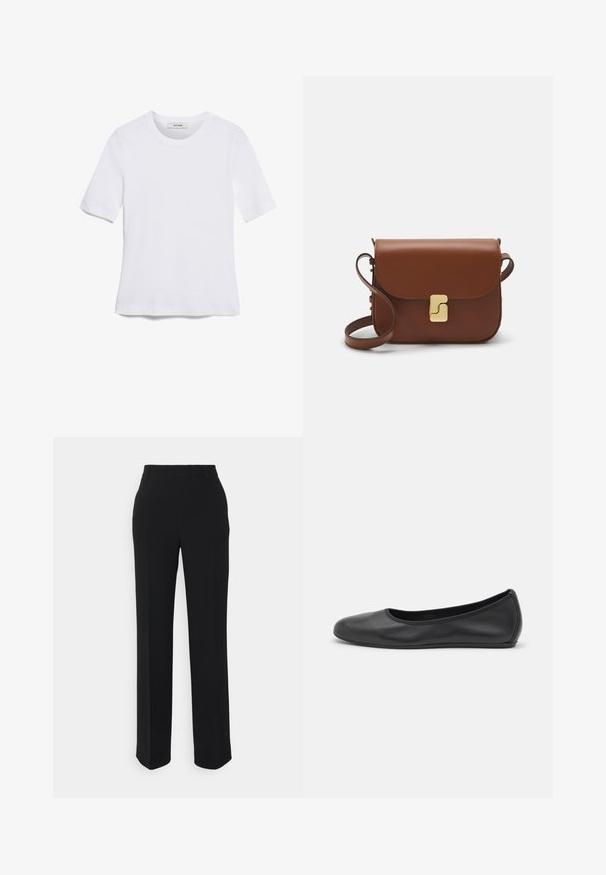 Valkoinen lyhythihainen t-paita, joka on valmistettu ribbytedusta kankaasta. Pyöreä pääntiie, normaali istuvuus ja hienovaraiset ompeluyksityiskohdat. Ei kuvioita tai grafiikkaa.; Mustat suorat housut, joissa on sileä rakenne. Varustettu vyötärönauhalla ja ilman näkyviä kuvioita tai koristeita. Klassinen ja räätälöity muotoilu.; Musta nahkainen ballerina, jossa on pyöristetty kärki, sileä pinta, minimaalinen ommelkoristelu ja joustava pohjamuotoilu.; Ruskea nahkainen käsilaukku, jossa on läppäkiinnitys, kultasävyiset yksityiskohdat, olkahihna ja sileä pinta. Kompaktin suorakaiteen muotoinen.