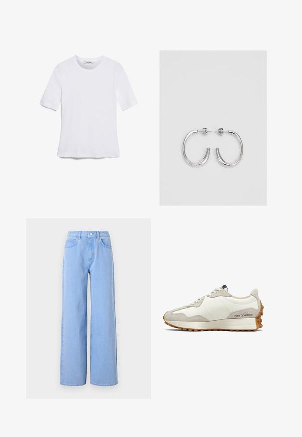 White short-sleeve t-shirt made of ribbed fabric. Round neckline, regular fit, and subtle stitching details. No patterns or graphics.; Light blue wide-leg jeans made of denim. Features a fitted waist with belt loops and front pockets, seam detailing, and a clean hem.; White and beige sneaker with a smooth leather upper and suede accents. Features round laces, a cushioned sole, and a textured rubber outsole.; Silver hoop earrings with a smooth, shiny surface, featuring a curved shape and post-back closure. Minimalist design with a modern finish.