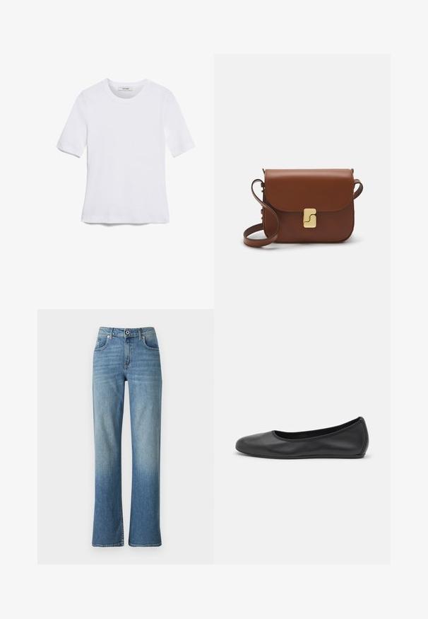 T-shirt de manga curta branca feita de tecido canelado. Decote redondo, ajuste regular e detalhes de costura subtis. Sem padrões ou gráficos.; Jeans de ganga azul claro com um design de perna reta, apresentando cinco bolsos, fecho de botão e ligeira desbotamento para um aspeto usado.; Bailarina preta em pele com bico arredondado, textura suave, detalhe de costura minimalista e design de sola flexível.; Bolsa de couro castanho com fecho de aba, decoração em tom dourado, alça de ombro e textura suave. Formato retangular compacto.