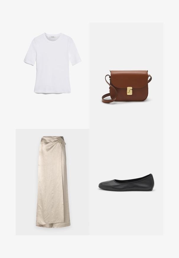 Bela kratka majica s kratkimi rokavi iz rebrastega materiala. Okrogla ovratnica, običajen kroj in subtilni šivi. Brez vzorcev ali grafik.; Dolga, bež krila narejena iz sijajnega, strukturiranega blaga. Ima zaviti dizajn z stranskim metuljčkom in čistim robom.; Črne usnjene balerinke z zaobljenim nosom, gladko teksturo, minimalnimi šivi in fleksibilno zasnovo podplata.; Rjava usnjena torbica s poklopcem, zlato obarvani okovi, naramnica in gladka tekstura. Kompaktna pravokotna oblika.