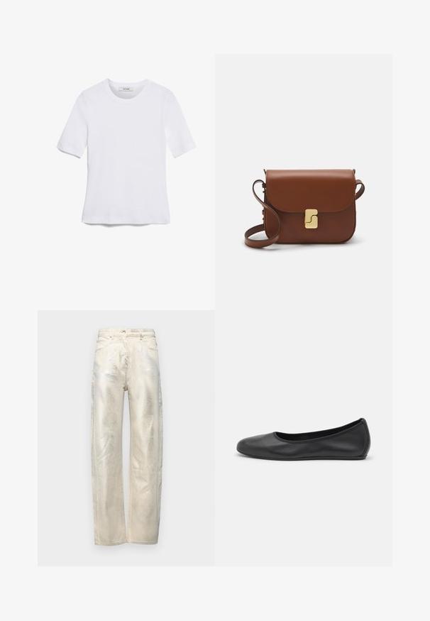 Witte korte mouwen t-shirt van ribstof. Ronde halslijn, normale pasvorm en subtiele stiksels. Geen patronen of grafische elementen.; Lichtbeige wijde jeans met een metallic glans, vervaardigd uit denim met een gladde textuur en een standaard vijf-pocket ontwerp.; Zwarte leren ballerina met een ronde neus, gladde textuur, minimale stikdetails en een flexibele zoolontwerp.; Bruine leren handtas met een klep sluiting, gouden hardware, een schouderband en een gladde textuur. Compact rechthoekige vorm.