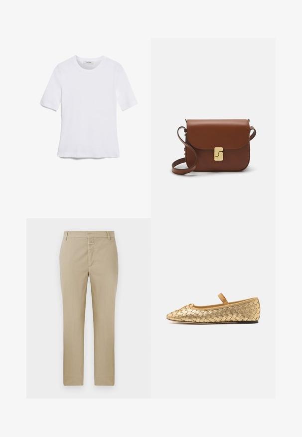 Bijela majica s kratkim rukavima izrađena od rebraste tkanine. Okrugli izrez, klasičan kroj i suptilni detalji šivanja. Bez uzoraka ili grafika.; Bež hlače ravnog kroja, izrađene od glatkog materijala. Imaju patentni zatvarač i petlje za remen; minimalni šavovi i bez vidljivih uzoraka.; Loeffler Randall LEONIE SOFT BALLET FLAT - Balerinke s trakom oko gležnja - gold; Smeđa kožna torba s preklopom, zlatnim detaljima, remenom za nošenje preko ramena i glatkom teksturom. Kompaktni pravokutni oblik.