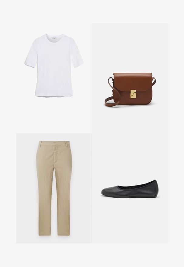 Balta trumpa rankovėmis marškinėliai, pagaminti iš pasiruošusio audinio. Apvali iškirptė, reguliari tinkamumas ir subtilūs siuvimo detalės. Be raštų ar grafikos.; Šviesiai rudi tiesaus kirpimo kelnės, pagamintos iš lygaus audinio. Savitvariai turi užtrauktuką ir diržo kilputes; minimalūs siūlės ir be matomų raštų.; Juodai odiniai baletai su apvaliu pirštu, lygi texture, minimalus siuvimo detales ir lanksčiu padų dizainu.; Ruda odinė rankinė su uždaromu dangteliu, aukso spalvos detalėmis, petneša ir lygiu paviršiumi. Kompaktiška stačiakampio formos.