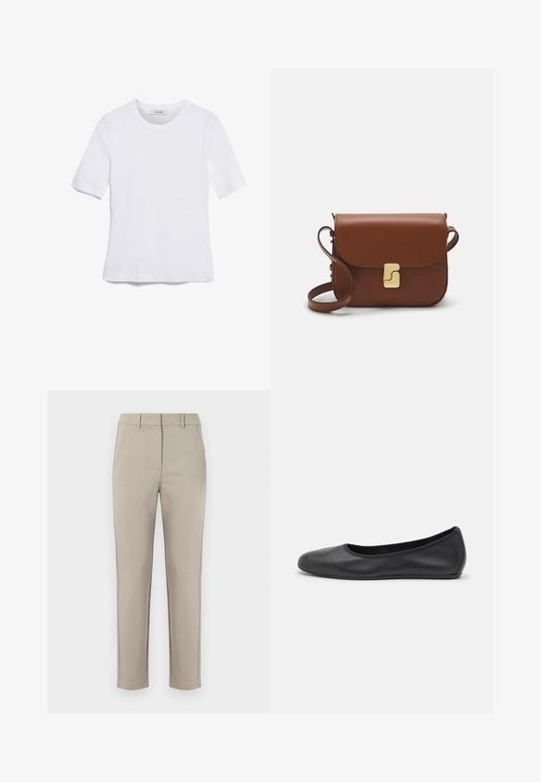 Balta īsām piedurknēm T-krekls, izgatavots no ribota auduma. Apaļš izgriezums, regulāra piegriezuma un diskrēti šuvumu detaļas. Bez printiem vai grafikām.; MM EFFETTO - Auduma bikses - sand; Melna ādas baleta kurpe ar noapaļotu purngalu, gludu tekstūru, minimālu šuvju detalizāciju un elastīgu zoles dizainu.; Bordo ādas rokas soma ar atloku, zeltītām detaļām, plecu siksnu un gludu virsmu. Kompakta, taisnstūrveida forma.