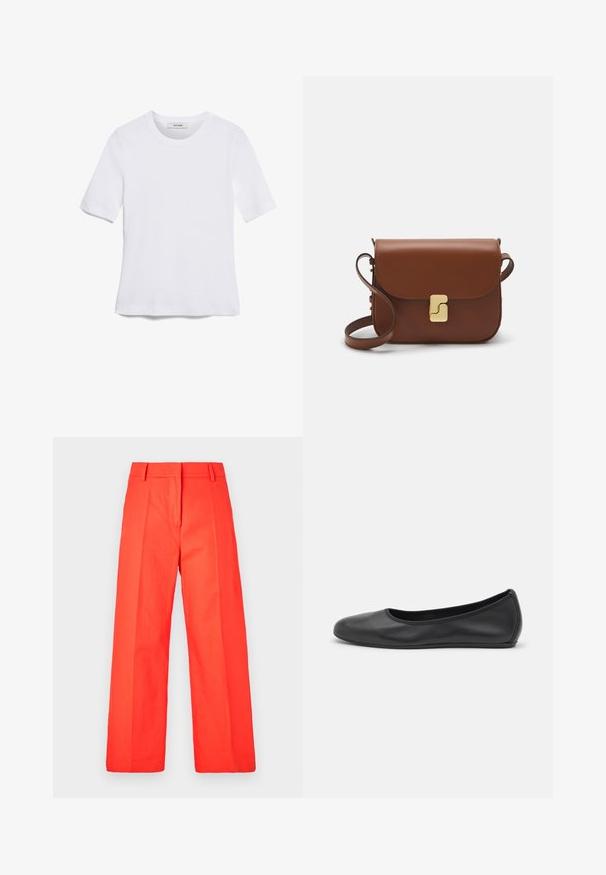 Biela krátka tričko s krátkymi rukávmi vyrobené z rebrovanej látky. Klasický okrúhly výstrih, bežný strih a jemné švy. Bez vzorov alebo grafiky.; Červené široké nohavice s plisovaným predným dielom, vyrobené z ľahkej tkaniny, s úzkym pásom a rovnom okrajom.; Čierne kožené baleríny s okrúhlou špičkou, hladkým povrchom, minimálnym prešívaním a flexibilným dizajnom podrážky.; Hnedá kožená kabelka s klopou, zlatými kovovými prvkami, ramenným popruhom a hladkým povrchom. Kompaktný obdĺžnikový tvar.