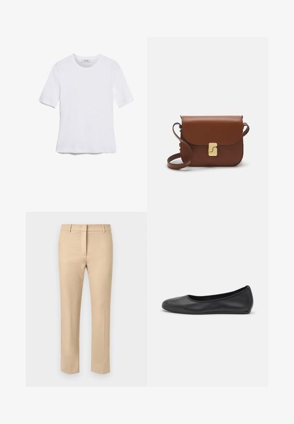 Witte korte mouwen t-shirt van ribstof. Ronde halslijn, normale pasvorm en subtiele stiksels. Geen patronen of grafische elementen.; Beige op maat gemaakte broeken met een gladde voorkant, riemlussen en een zachte textuur. Rechte pijpen met minimale stikseldetails.; Zwarte leren ballerina met een ronde neus, gladde textuur, minimale stikdetails en een flexibele zoolontwerp.; Bruine leren handtas met een klep sluiting, gouden hardware, een schouderband en een gladde textuur. Compact rechthoekige vorm.