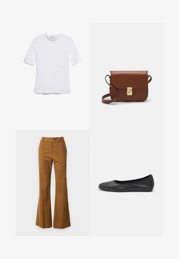 Tricou alb cu mânecă scurtă, confectionat dintr-un material texturat. Gât rotund, tăietură regulară și detalii subtile de cusătură. Fără modele sau grafice.; Pantaloni maro evazați dintr-un material texturat, dotati cu închidere cu nasture și un design simplu al taliei.; Balerini din piele neagră, cu vârf rotund, textură netedă, detalii de cusătură minimale și un design al tălpii flexibil.; Geantă de piele maro cu închidere tip capac, accesorii de culoare aurie, curea de umăr și o textură netedă. Formă compactă și rectangulară.