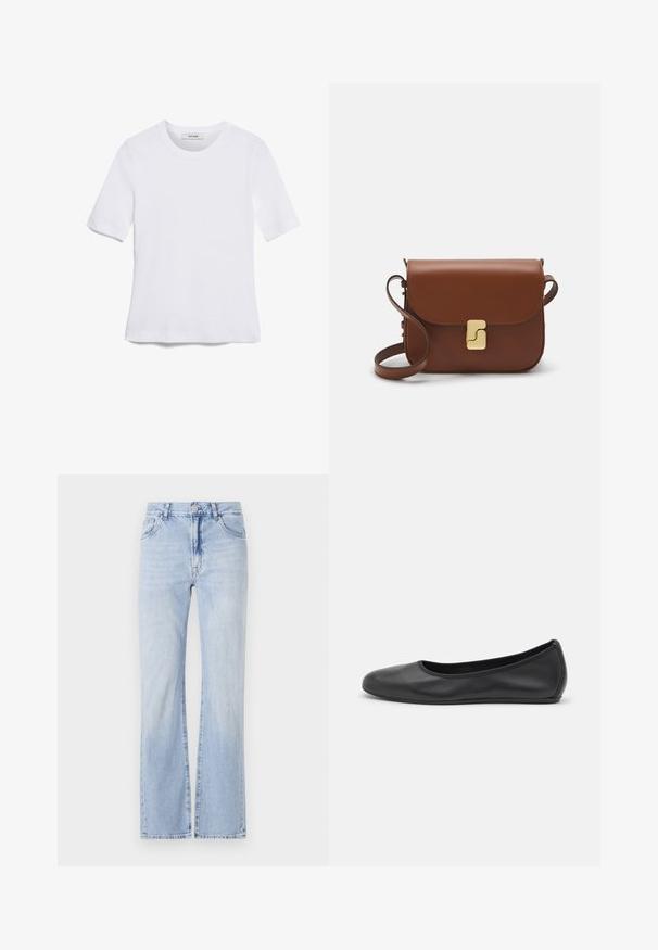 T-shirt de manga curta branca feita de tecido canelado. Decote redondo, ajuste regular e detalhes de costura subtis. Sem padrões ou gráficos.; Calças de ganga claras em denim, com corte flared, design de cinco bolsos, passadores para cinto e fecho com botão. Textura suave com desbotamento subtil.; Bailarina preta em pele com bico arredondado, textura suave, detalhe de costura minimalista e design de sola flexível.; Bolsa de couro castanho com fecho de aba, decoração em tom dourado, alça de ombro e textura suave. Formato retangular compacto.