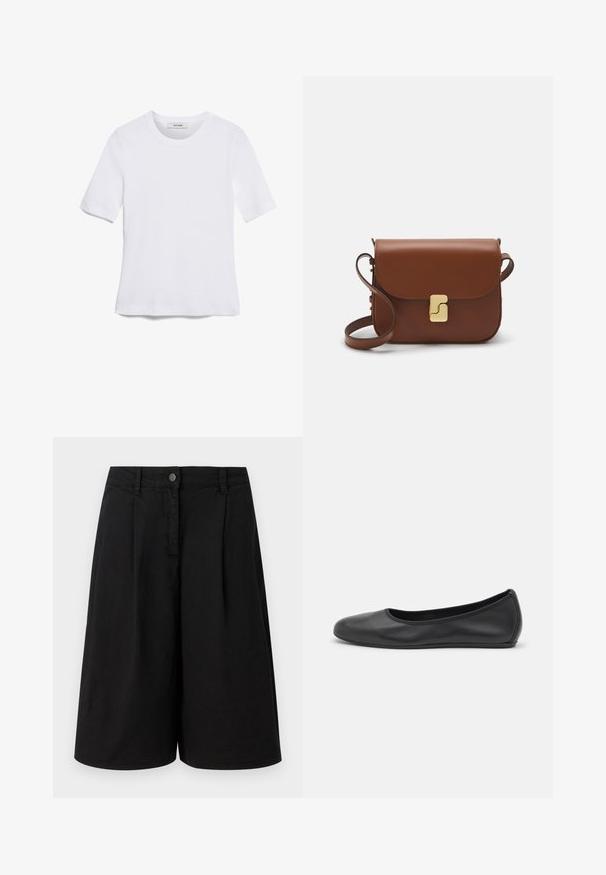 T-shirt de manga curta branca feita de tecido canelado. Decote redondo, ajuste regular e detalhes de costura subtis. Sem padrões ou gráficos.; Armani Exchange BERMUDA - Calções - black denim; Bailarina preta em pele com bico arredondado, textura suave, detalhe de costura minimalista e design de sola flexível.; Bolsa de couro castanho com fecho de aba, decoração em tom dourado, alça de ombro e textura suave. Formato retangular compacto.