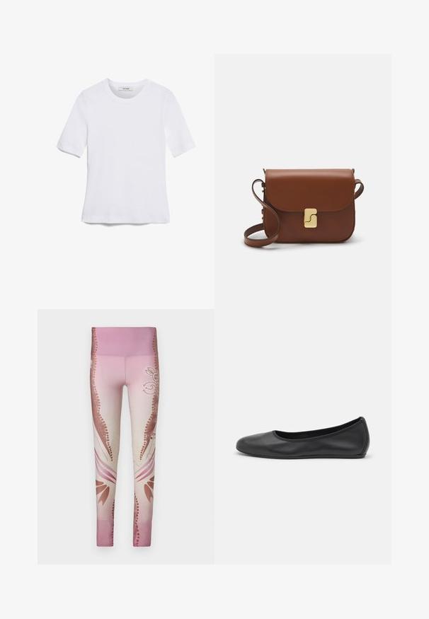 Fehér, rövid ujjú póló ribbed anyagból. Kerek nyakkivágás, normál szabás és diszkrét varrási részletek. Nincsenek minták vagy grafikák.; Rózsaszín leggings, amelyek világosból sötétbe átmenő színátmenetet mutatnak, virágmintákkal és dekoratív díszítésekkel az oldalakon. Sima textúra.; Fekete bőr balettcipő lekerekített orral, sima tekstúrával, minimális varrással és rugalmas talp kialakítással.; Barna bőr kézitáska, hajtókás zárással, arany színű fém kiegészítőkkel, vállpánttal és sima felülettel. Kompakt téglalap alakú.