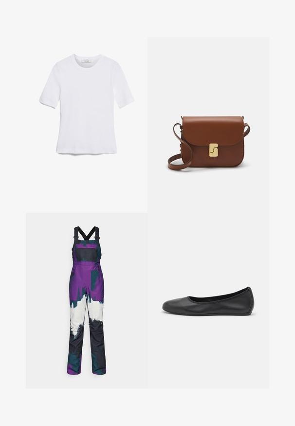Biała koszulka krótki rękaw wykonana z materiału prążkowanego. Okrągły dekolt, regularny krój i subtelne detale szwów. Bez wzorów ani grafik.; Fioletowe i turkusowe narciarskie ogrodniczki z regulowanymi czarnymi szelkami, z kieszonką na klatce piersiowej, wyrazistymi blokami kolorów i wodoodpornym designem.; Czarne skórzane baletki z zaokrąglonym noskiem, gładką fakturą, minimalnymi przeszyciami i elastycznym designem podeszwy.; Brązowa skórzana torebka na ramię z klapką, złotymi detalami, paskiem na ramię i gładką teksturą. Kompaktowy prostokątny kształt.