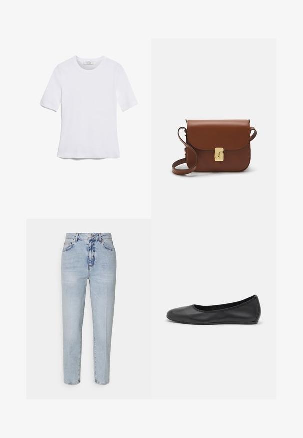 Bijela majica s kratkim rukavima izrađena od rebraste tkanine. Okrugli izrez, klasičan kroj i suptilni detalji šivanja. Bez uzoraka ili grafika.; Svijetloplave traperice s visokim strukom, ravnog kroja, vidljivim prednjim džepovima i ispranim izgledom. Prisutne su šavove i detalji dugmeta.; Crne kožne baletanke s zaobljenim vrhom, glatke teksture, minimalnim detaljima šavova i fleksibilnim dizajnom potplata.; Smeđa kožna torba s preklopom, zlatnim detaljima, remenom za nošenje preko ramena i glatkom teksturom. Kompaktni pravokutni oblik.
