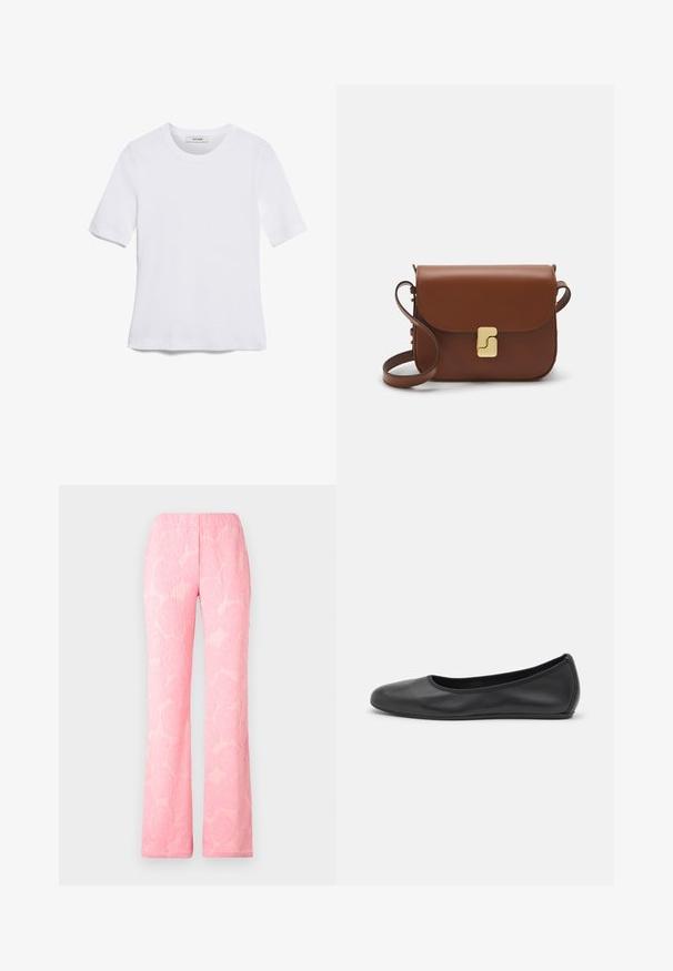 T-shirt de manga curta branca feita de tecido canelado. Decote redondo, ajuste regular e detalhes de costura subtis. Sem padrões ou gráficos.; Calças lounge rosas com um padrão floral texturizado, de corte descontraído e cintura elástica. Tecido suave com um acabamento ligeiramente brilhante.; Bailarina preta em pele com bico arredondado, textura suave, detalhe de costura minimalista e design de sola flexível.; Bolsa de couro castanho com fecho de aba, decoração em tom dourado, alça de ombro e textura suave. Formato retangular compacto.