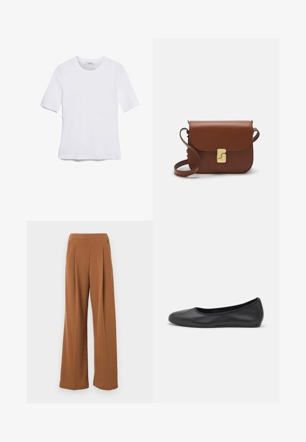 Weißes kurzärmliges T-Shirt aus geripptem Stoff. Runder Halsausschnitt, normale Passform und dezente Nähte. Keine Muster oder Grafiken.; Max Mara Leisure EUCLIDE - Stoffhose - cuoio; Schwarze Leder-Ballettschuhe mit abgerundeter Spitze, glatter Textur, minimalen Nähdetails und einem flexiblen Sohlen-Design.; Braune Ledertasche mit Klappenverschluss, Beschlägen in Goldfarbe, einem Schultergurt und einer glatten Oberfläche. Kompakte rechteckige Form.