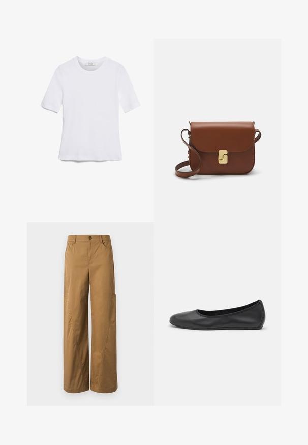 White short-sleeve t-shirt made of ribbed fabric. Round neckline, regular fit, and subtle stitching details. No patterns or graphics.; Brown wide-leg trousers made of cotton, featuring a button closure, side pockets, and noticeable stitching details.; Black leather ballet flat with a rounded toe, smooth texture, minimal stitching detail, and a flexible sole design.; Brown leather handbag with a flap closure, gold-tone hardware, a shoulder strap, and a smooth texture. Compact rectangular shape.