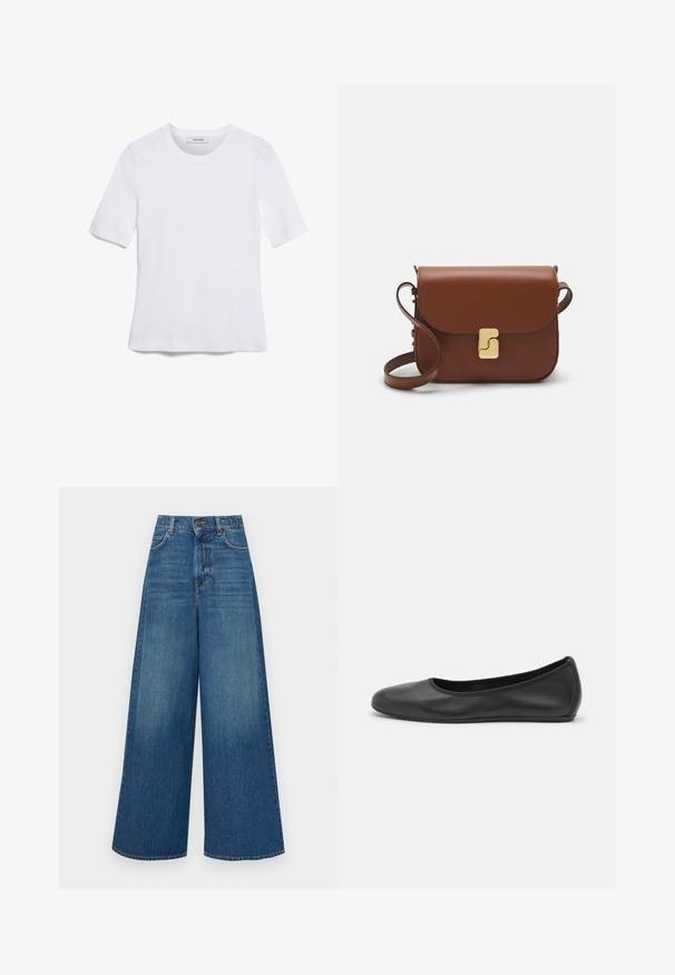 Bijela majica s kratkim rukavima izrađena od rebraste tkanine. Okrugli izrez, klasičan kroj i suptilni detalji šivanja. Bez uzoraka ili grafika.; WEEKEND MaxMara ABITATA - Široke nogavice - blu; Crne kožne baletanke s zaobljenim vrhom, glatke teksture, minimalnim detaljima šavova i fleksibilnim dizajnom potplata.; Smeđa kožna torba s preklopom, zlatnim detaljima, remenom za nošenje preko ramena i glatkom teksturom. Kompaktni pravokutni oblik.