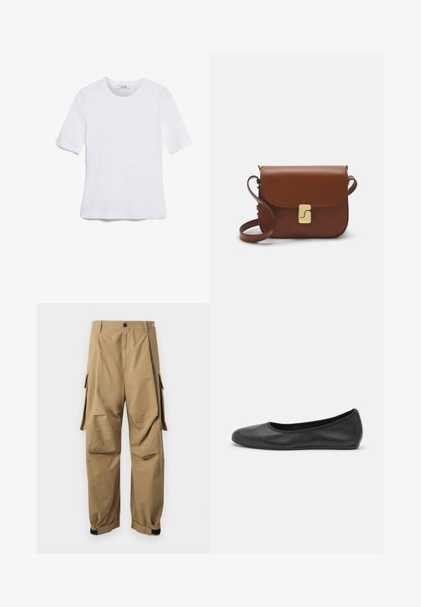 Weißes kurzärmliges T-Shirt aus geripptem Stoff. Runder Halsausschnitt, normale Passform und dezente Nähte. Keine Muster oder Grafiken.; Khaki Cargo-Hosen aus leichtem Stoff, mit seitlichen Cargo-Taschen, einem Knopfverschluss und elastischen Bündchen an den Knöcheln.; Schwarze Leder-Ballettschuhe mit abgerundeter Spitze, glatter Textur, minimalen Nähdetails und einem flexiblen Sohlen-Design.; Braune Ledertasche mit Klappenverschluss, Beschlägen in Goldfarbe, einem Schultergurt und einer glatten Oberfläche. Kompakte rechteckige Form.