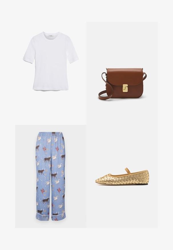 Balta īsām piedurknēm T-krekls, izgatavots no ribota auduma. Apaļš izgriezums, regulāra piegriezuma un diskrēti šuvumu detaļas. Bez printiem vai grafikām.; Zilas pidžamu bikses ar izsmalcinātu rakstu, kas satur govis, mitoloģiskas radības un debesu elementus; elastīga josta un platas kājas.; Loeffler Randall LEONIE SOFT BALLET FLAT - Baletkurpes ar siksniņu ap potīti - gold; Bordo ādas rokas soma ar atloku, zeltītām detaļām, plecu siksnu un gludu virsmu. Kompakta, taisnstūrveida forma.