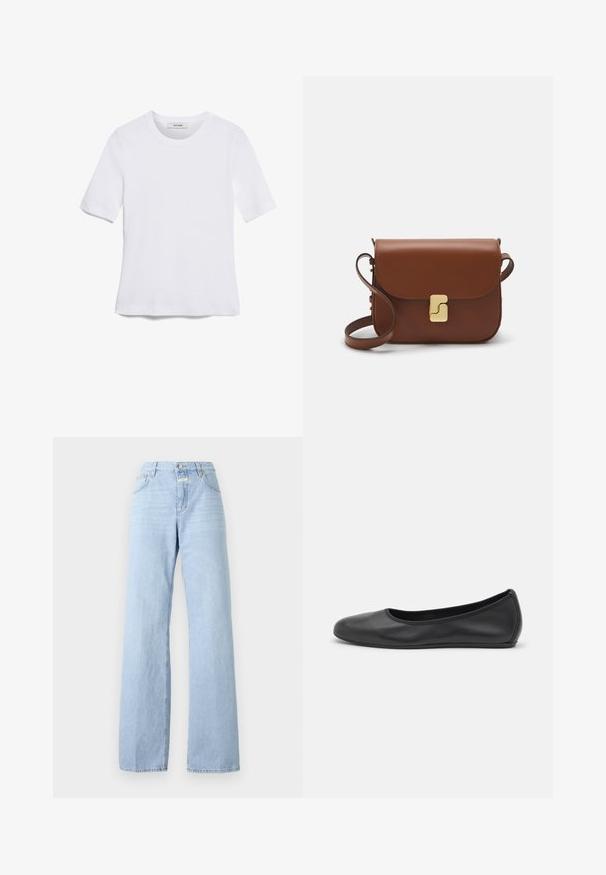 Tricou alb cu mânecă scurtă, confectionat dintr-un material texturat. Gât rotund, tăietură regulară și detalii subtile de cusătură. Fără modele sau grafice.; Jeans wide leg de culoare albastru deschis, confectionate din denim; prezintă un design cu cinci buzunare, închidere frontală cu nasture și o ușoară decolorare a țesăturii.; Balerini din piele neagră, cu vârf rotund, textură netedă, detalii de cusătură minimale și un design al tălpii flexibil.; Geantă de piele maro cu închidere tip capac, accesorii de culoare aurie, curea de umăr și o textură netedă. Formă compactă și rectangulară.