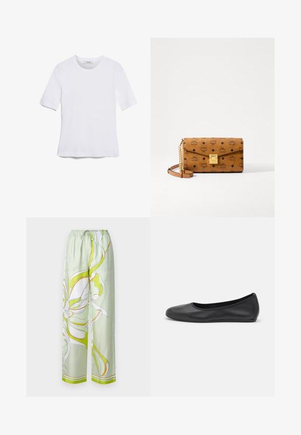 White short-sleeve t-shirt made of ribbed fabric. Round neckline, regular fit, and subtle stitching details. No patterns or graphics.; Satin green pants featuring a floral pattern in white and yellow, elastic waistband, wide legs, and a smooth texture.; Black leather ballet flat with a rounded toe, smooth texture, minimal stitching detail, and a flexible sole design.; Brown leather handbag with embossed logo pattern, gold hardware, fold-over flap, and a detachable chain and leather strap. Dimensions not specified.