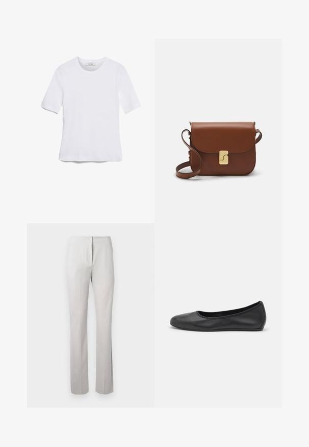 Bijela majica s kratkim rukavima izrađena od rebraste tkanine. Okrugli izrez, klasičan kroj i suptilni detalji šivanja. Bez uzoraka ili grafika.; Svijetlosive, krojene hlače s glatkom teksturom, ravnim krojem i srednjim strukom. Sadrže prednji patentni zatvarač i bočne džepove.; Crne kožne baletanke s zaobljenim vrhom, glatke teksture, minimalnim detaljima šavova i fleksibilnim dizajnom potplata.; Smeđa kožna torba s preklopom, zlatnim detaljima, remenom za nošenje preko ramena i glatkom teksturom. Kompaktni pravokutni oblik.