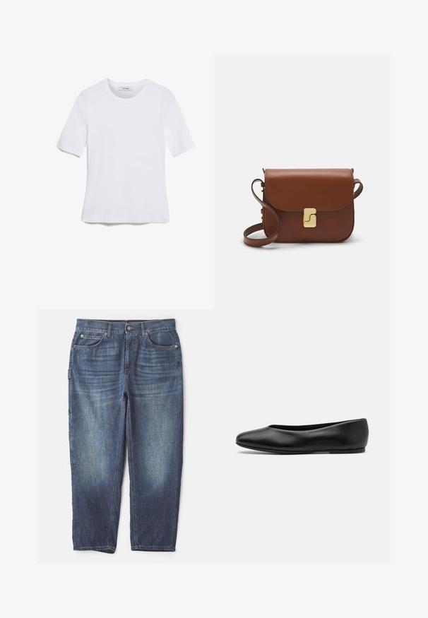 White short-sleeve t-shirt made of ribbed fabric. Round neckline, regular fit, and subtle stitching details. No patterns or graphics.; Denim jeans in dark blue wash, featuring five pockets, a button and zipper closure, straight leg design, and contrasting stitching details.; Paul Smith TOPANGA - Ballet pumps - black; Brown leather handbag with a flap closure, gold-tone hardware, a shoulder strap, and a smooth texture. Compact rectangular shape.