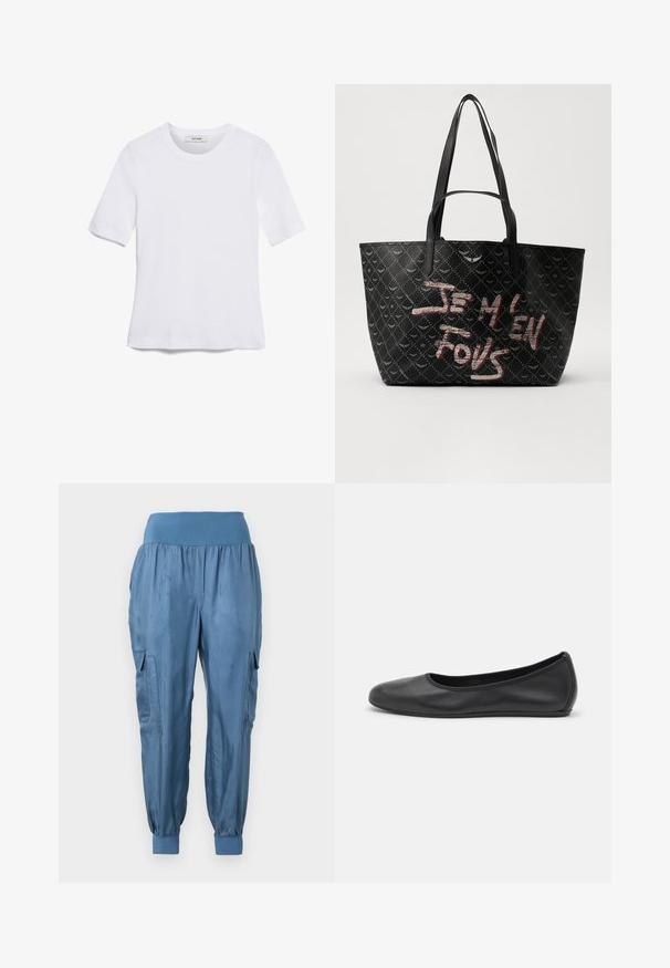 Bela kratka majica s kratkimi rokavi iz rebrastega materiala. Okrogla ovratnica, običajen kroj in subtilni šivi. Brez vzorcev ali grafik.; Modre cargo hlače iz gladkega materiala z elastičnim pasom, zoženimi manšetami in dvema stranskima cargo žepoma.; Črne usnjene balerinke z zaobljenim nosom, gladko teksturo, minimalnimi šivi in fleksibilno zasnovo podplata.; Črna torba z ramenskimi trakovi, izdelana iz teksturiranega materiala z diamantom vzorcem, ter drznim rdečim in belim besedilom "JE M'EN FOUS."
