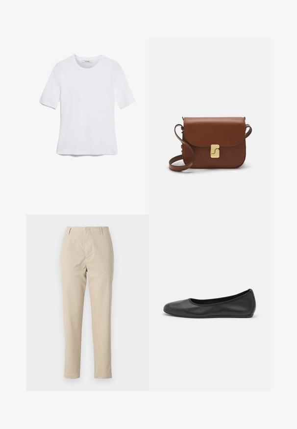 White short-sleeve t-shirt made of ribbed fabric. Round neckline, regular fit, and subtle stitching details. No patterns or graphics.; Beige cotton trousers with a straight fit, belt loops, and a zip fly. The fabric has a smooth texture and no visible patterns or accents.; Black leather ballet flat with a rounded toe, smooth texture, minimal stitching detail, and a flexible sole design.; Brown leather handbag with a flap closure, gold-tone hardware, a shoulder strap, and a smooth texture. Compact rectangular shape.