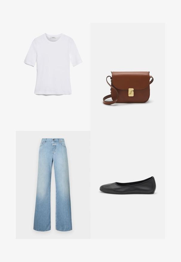 Balta trumpa rankovėmis marškinėliai, pagaminti iš pasiruošusio audinio. Apvali iškirptė, reguliari tinkamumas ir subtilūs siuvimo detalės. Be raštų ar grafikos.; Šviesiai mėlynos plačios kojų džinsai, pagaminti iš džinsinio audinio, su aukštu liemeniu, penkiomis kišenėmis ir mygtuko uždarymu. Lygi tekstūra su išblukusiais detalėmis.; Juodai odiniai baletai su apvaliu pirštu, lygi texture, minimalus siuvimo detales ir lanksčiu padų dizainu.; Ruda odinė rankinė su uždaromu dangteliu, aukso spalvos detalėmis, petneša ir lygiu paviršiumi. Kompaktiška stačiakampio formos.