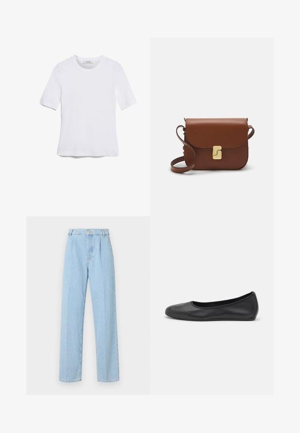 Balta īsām piedurknēm T-krekls, izgatavots no ribota auduma. Apaļš izgriezums, regulāra piegriezuma un diskrēti šuvumu detaļas. Bez printiem vai grafikām.; Gai zilā džinsu bikses ar augstu jostasvietu, taisnu kāju dizainu, krokām priekšā un ar rāvējslēdzēju, kuram ir viens pogas aizdare.; Melna ādas baleta kurpe ar noapaļotu purngalu, gludu tekstūru, minimālu šuvju detalizāciju un elastīgu zoles dizainu.; Bordo ādas rokas soma ar atloku, zeltītām detaļām, plecu siksnu un gludu virsmu. Kompakta, taisnstūrveida forma.