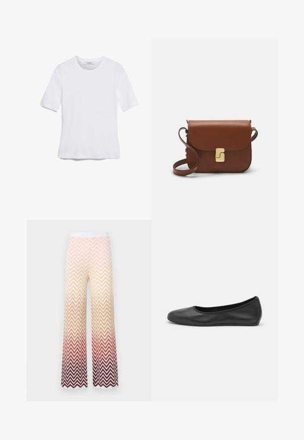 Biała koszulka krótki rękaw wykonana z materiału prążkowanego. Okrągły dekolt, regularny krój i subtelne detale szwów. Bez wzorów ani grafik.; Szerokie, dzianinowe spodnie z wzorem chevron w zygzak, przechodzącym od kremowego przez pomarańczowy do głębokiej czerwieni, z białym elastycznym pasem.; Czarne skórzane baletki z zaokrąglonym noskiem, gładką fakturą, minimalnymi przeszyciami i elastycznym designem podeszwy.; Brązowa skórzana torebka na ramię z klapką, złotymi detalami, paskiem na ramię i gładką teksturą. Kompaktowy prostokątny kształt.